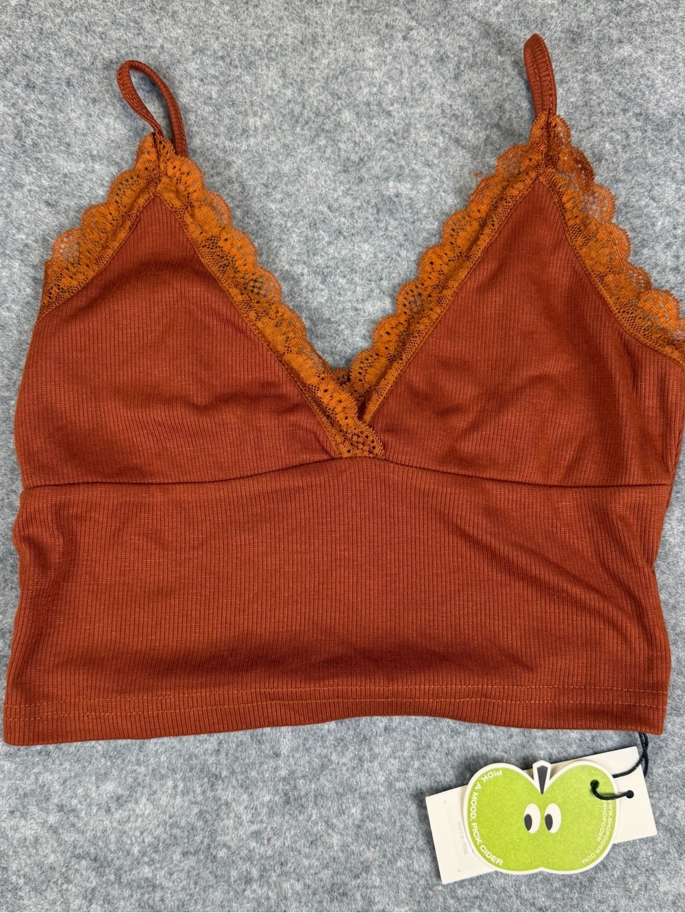 Cider XS Lace Trim Crop Cami Top Rust Brown Ribbed V‑Neck Bralette